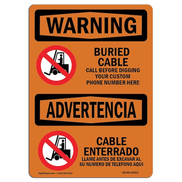 OSHA Sign, Buried Cable Call Before Digging Bilingual, 18in X 12in Decal, 12" W, 18" L, Landscape